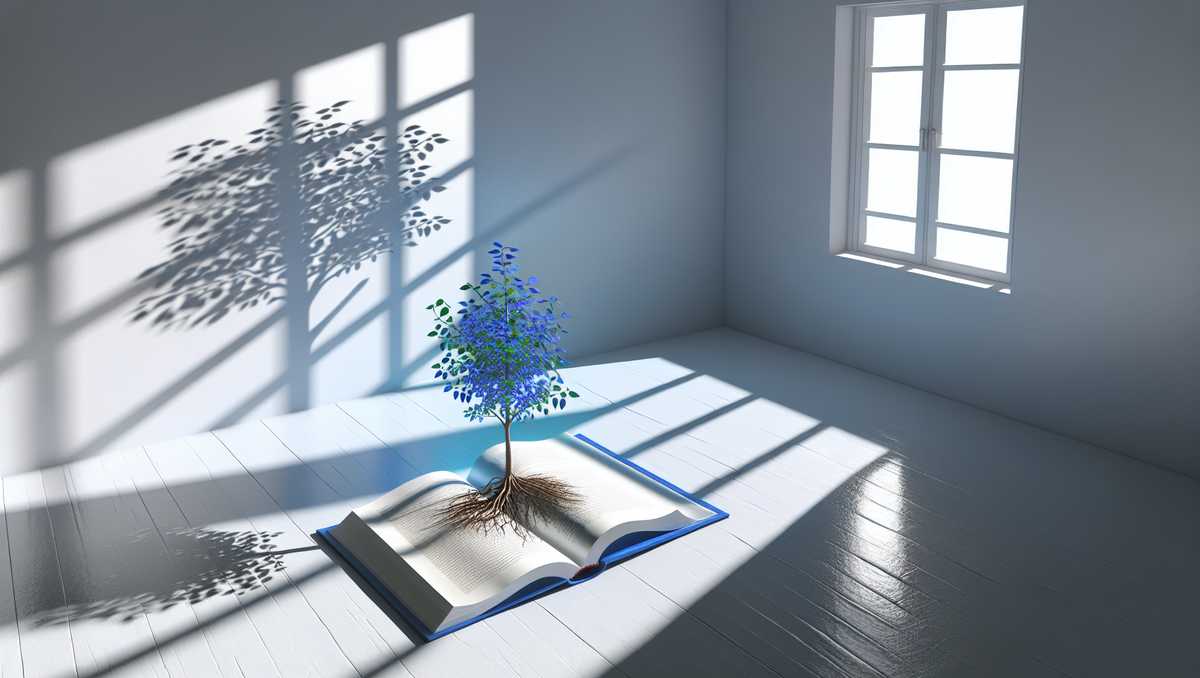 A sapling with blue leaves growing from an open book on the floor of a bright room with natural light casting shadows. - Airlock AI