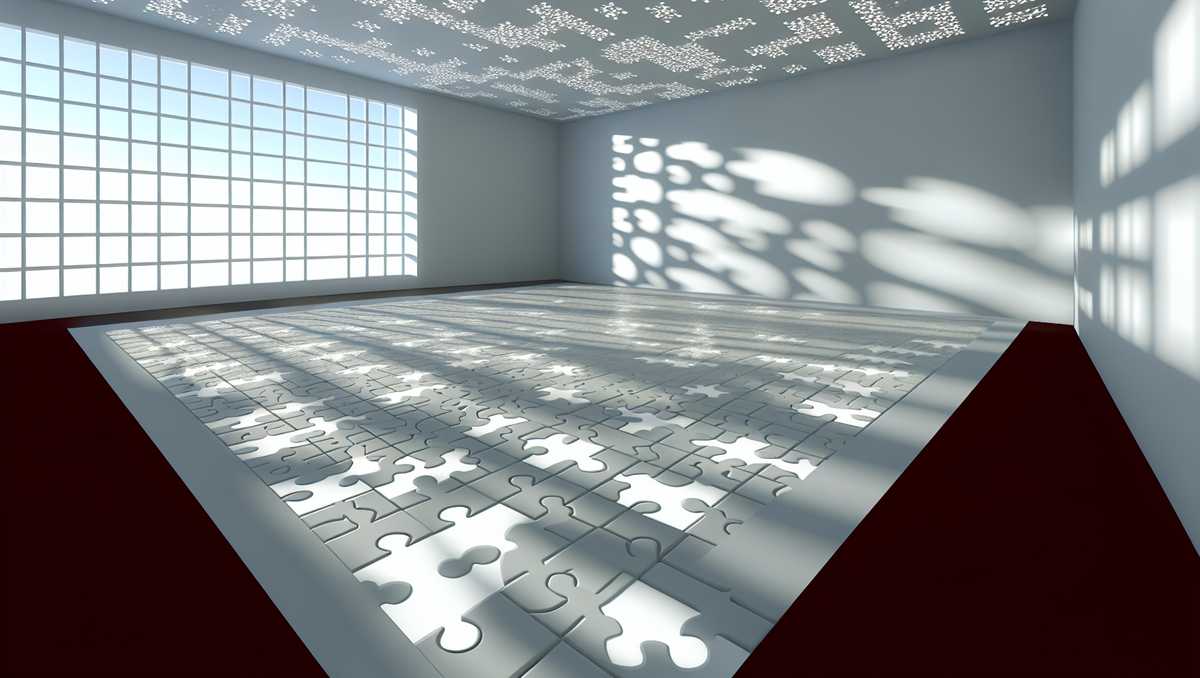 Abstract image of an interlocking puzzle piece dancefloor in a well-lit, spacious room, symbolizing an adaptable and personalized AI-driven onboarding process. - Airlock AI