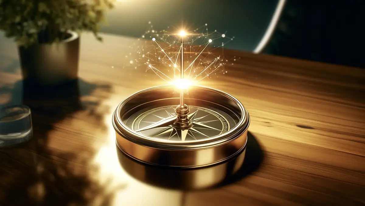 A hyper-realistic golden compass on a polished wooden desk, the needle pointing towards a luminous glow that symbolizes innovation and direction. The desk is in a dimly lit room, highlighting the compass as a beacon of guidance in the exploration of new paths in the digital era. 4 Ways You Should Be Using ChatGPT from Airlock AI