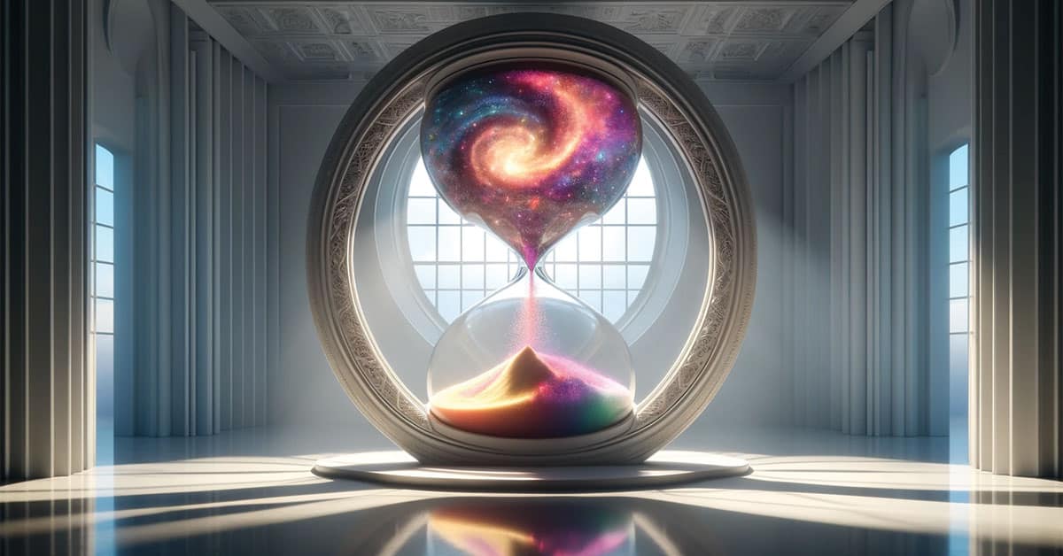 A spacious, white room bathed in soft, natural light from a large window, featuring a central, intricately carved hourglass. The top chamber holds vibrant, multi-colored sand grains that flow into the bottom chamber, transforming into a swirling galaxy of stars and nebulae. Dynamic shadows and reflections dance across the room's surfaces, emphasizing the hourglass's magical transformation from colorful sand to cosmic wonder. AI Terms Small Businesses Should Know - Airlock AI