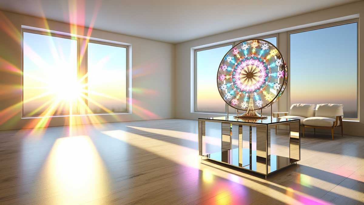 A kaleidoscope on a glass table reflecting a spectrum of colors in a sunlit, white minimalist room, symbolizing the diversity and potential of AI in content marketing. - Boost Business Growth with AI in Content Marketing - Airlock AI