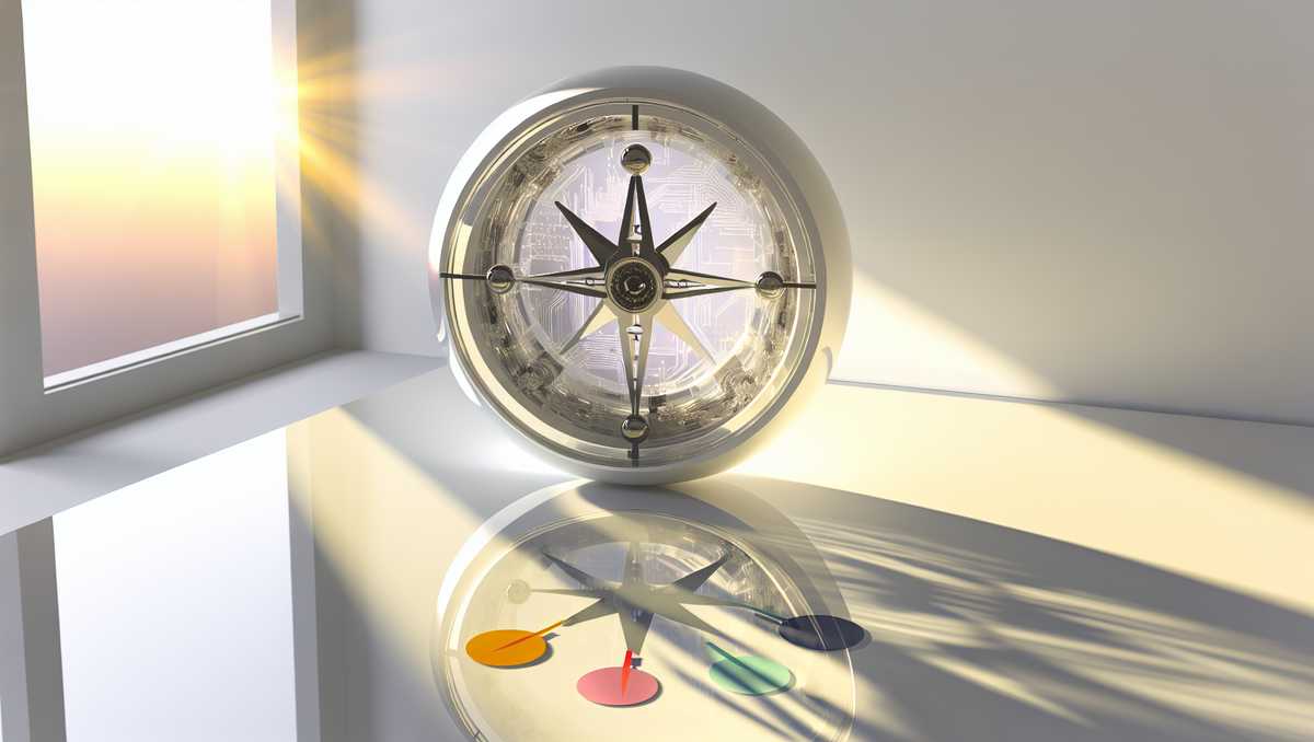 Transparent compass with neural network design on a table in a sunlit white room, symbolizing the guidance of generative AI in customer support. - Boost Customer Support with Generative AI Strategies - Airlock AI