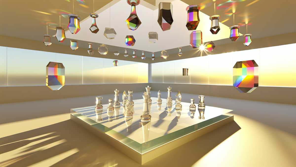 A transparent crystal chessboard with colorful pieces mid-game, illuminated by morning sunlight casting shadows in a white room. - Boosting Business Growth with Artificial Intelligence in Sales - Airlock AI