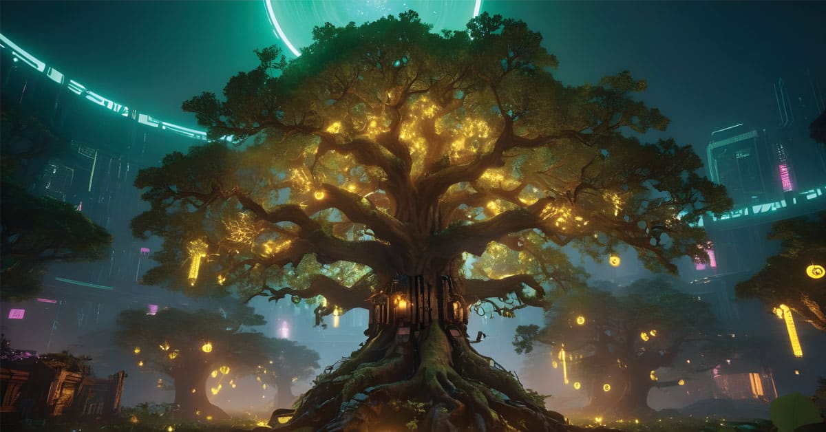 A luminous, mystical oak tree stands at the center of an ethereal forest with futuristic buildings in the background. The tree is adorned with golden lights, giving it an enchanted appearance, contrasting with the neon-lit urban structures that encircle the verdant woodland. Creating High-Quality AI-Assisted Blogs and Articles-Airlock AI