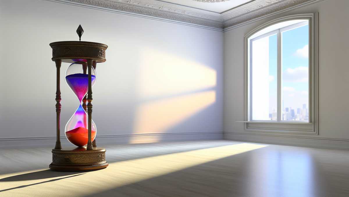 Antique hourglass with colored sand transforming into pearls in a sunlit room, symbolizing the integration of generative AI into customer service. - Revolutionizing Customer Service with Generative AI - Airlock AI