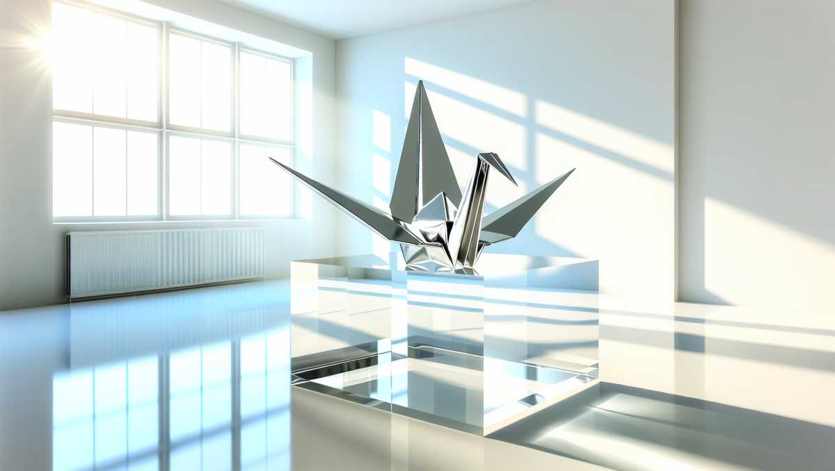 A silver origami crane on a transparent glass ledge in a bright, sunlit room with large windows, symbolizing the seamless integration of AI onboarding solutions in small businesses. - Streamlining Your Small Business with AI Onboarding Solutions - Airlock AI
