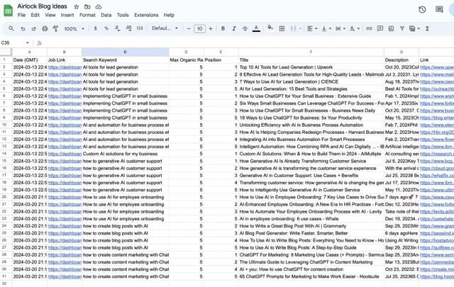 Search results in a Google Sheet to help drive AI-assisted content creation