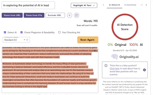 Originality.ai results indicating low quality AI-assisted content creation