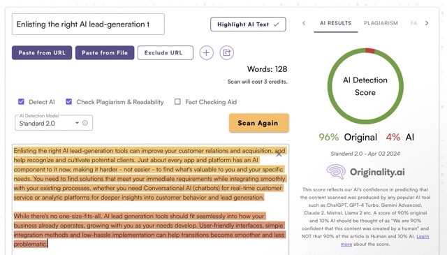 Originality.ai results indicating high quality AI-assisted content creation