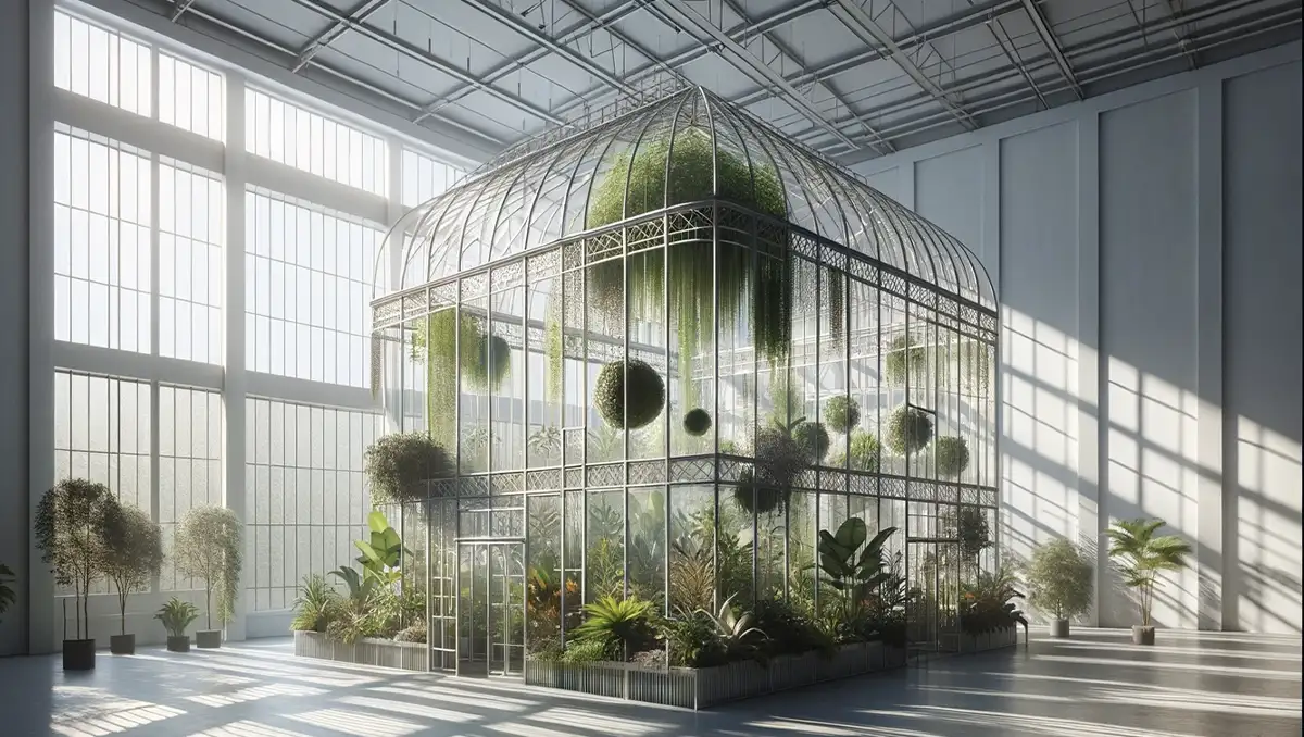 A large room with white walls and windows, sunlight casting shadows. A greenhouse in the center holds lush plants, with light creating patterns on the floor. Employees are hiding AI at work and why Airlock AI was started, from Airlock AI.