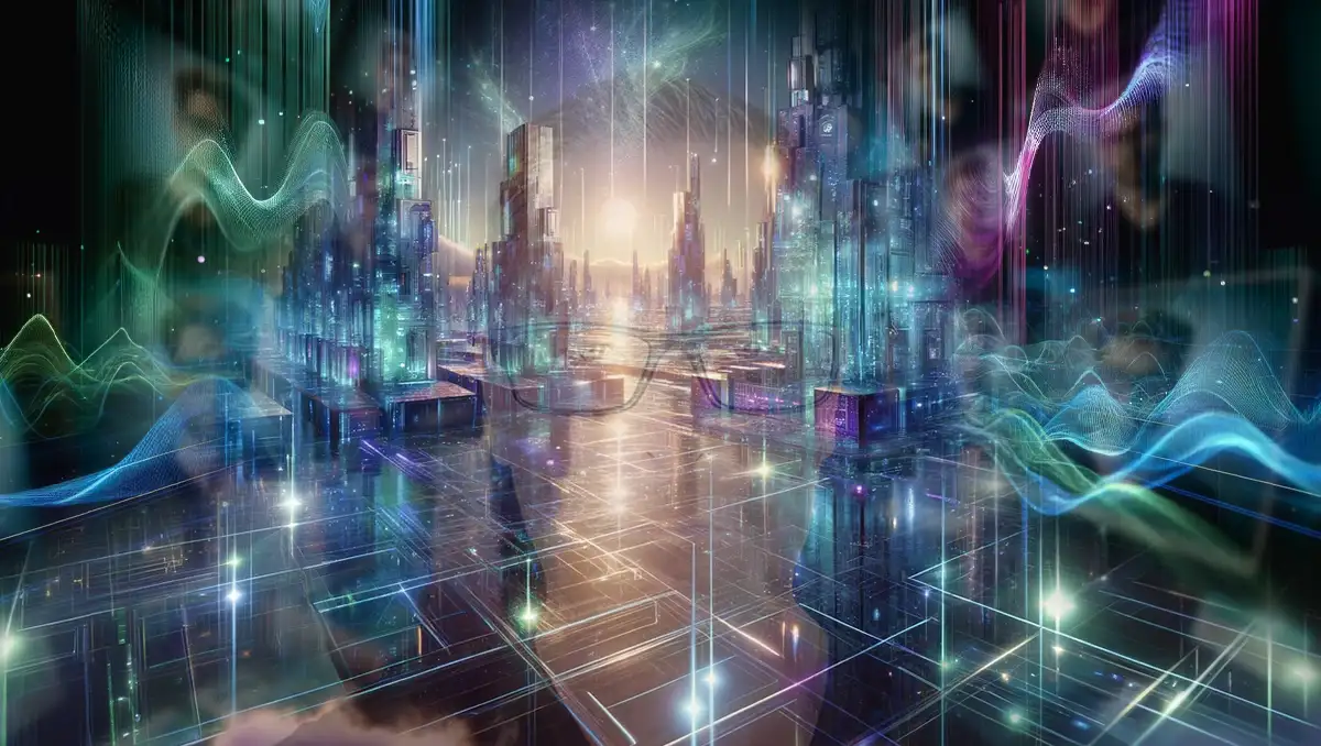 A panoramic image of a futuristic cityscape with glowing geometric structures in blue, purple, and green. The scene includes reflective surfaces and colorful criss-crossing soundwaves, with a bright light source in the sky. AI That Talks, Moves, Writes and More: Hello From Chrisynthetic from Airlock AI